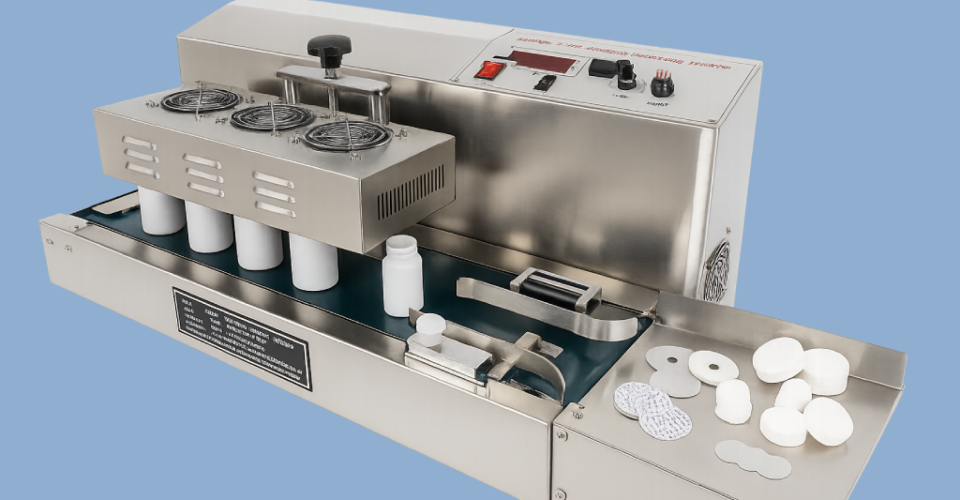Máquina de inducción automática Sella 1500 de Sellaempaq, diseñada para sellar envases con tapas de 20 a 50 mm sobre bandas transportadoras. Equipo industrial de alto rendimiento ideal para líneas de producción en las industrias alimentaria, cosmética y farmacéutica.